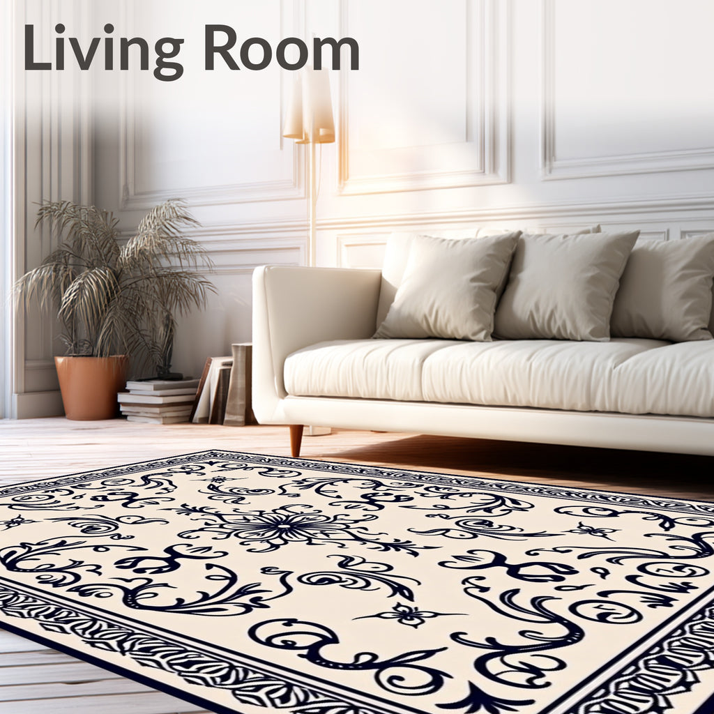 Ornate Ivory Dark Blue Botanical Scroll Rug