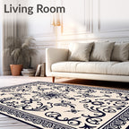 Ornate Ivory Dark Blue Botanical Scroll Rug