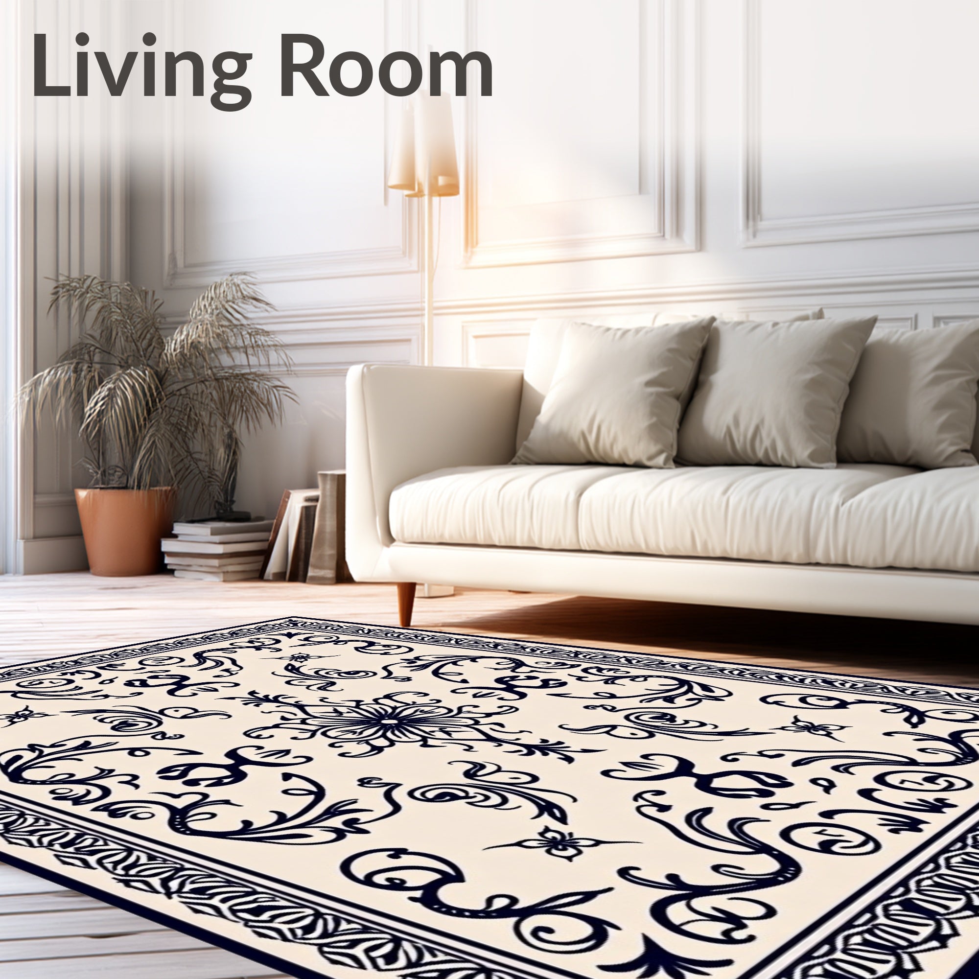 Ornate Ivory Dark Blue Botanical Scroll Rug