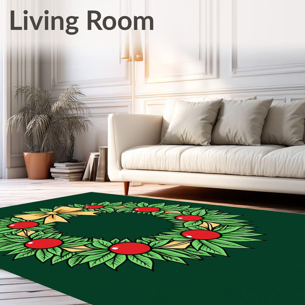Green Leaf Red Berry Yellow Bow Wreath Rug