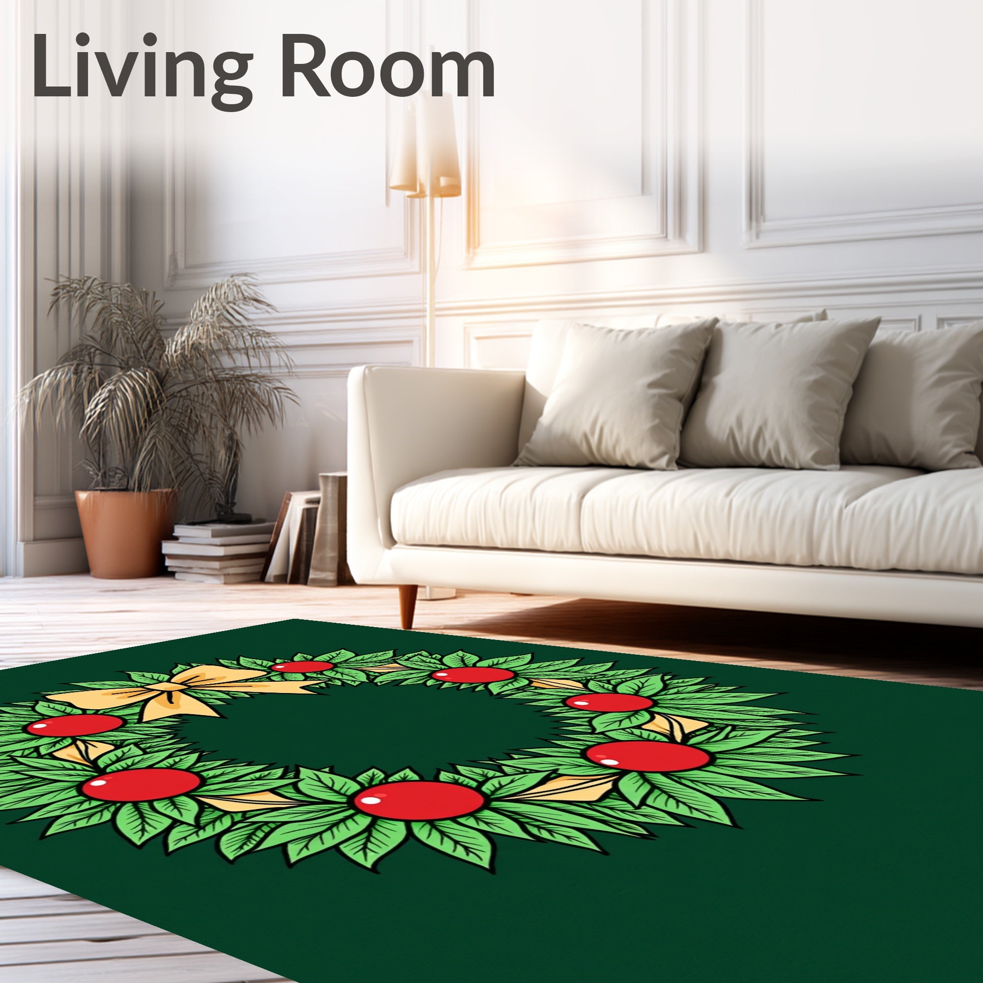 Green Leaf Red Berry Yellow Bow Wreath Rug