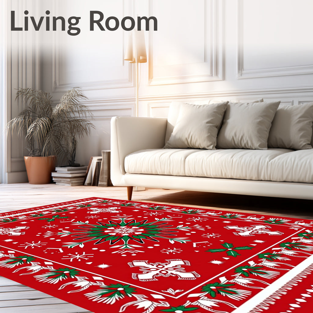 Red White Green Holiday Snowflake Medallion Rug