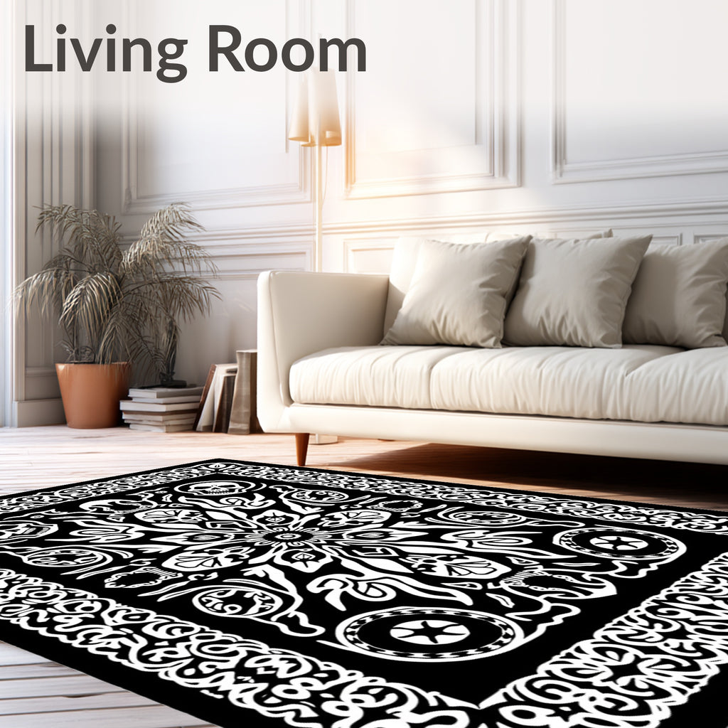 Gothic Skull Floral Mandala Black White Rug