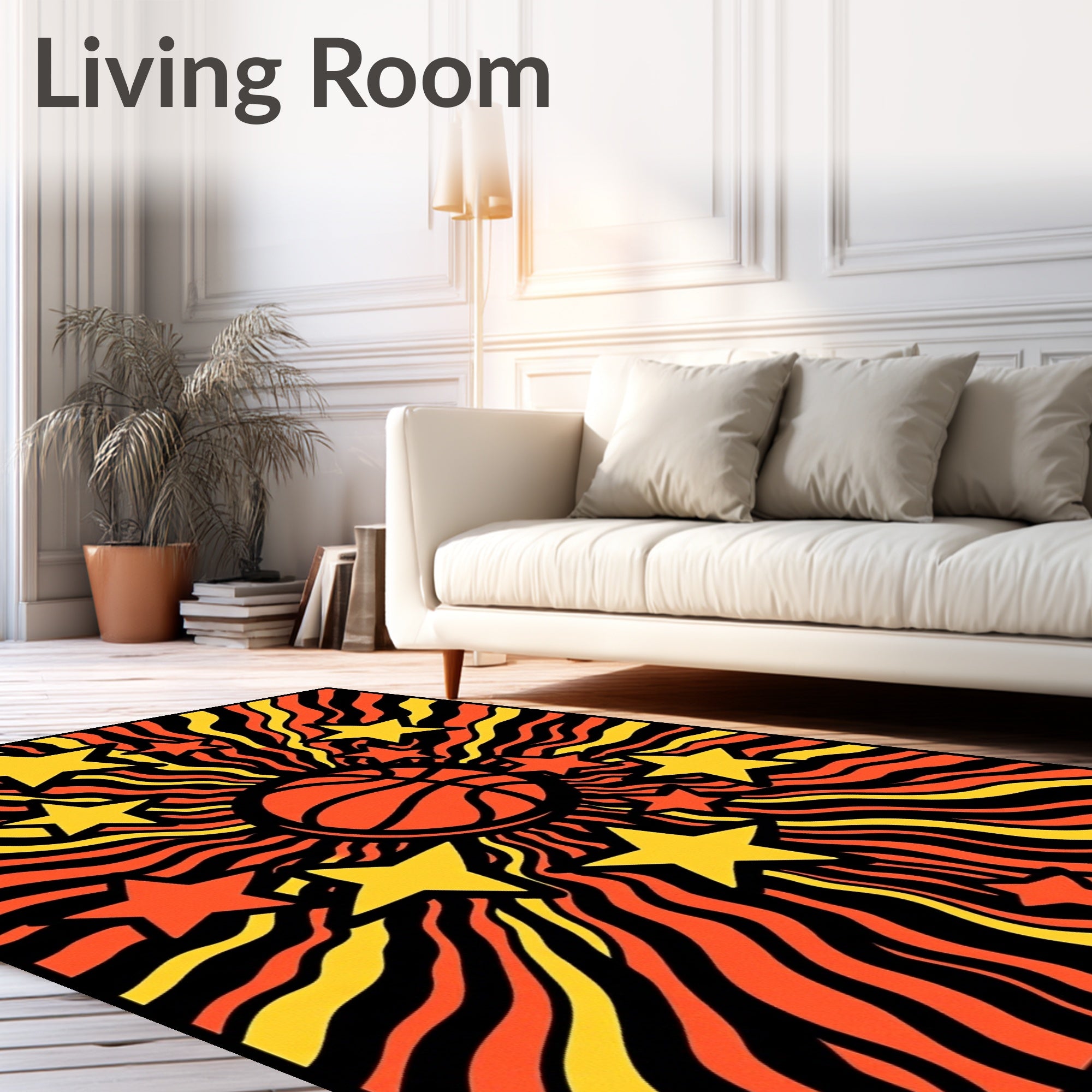 Retro Orange Yellow Burst Basketball Stars Rug