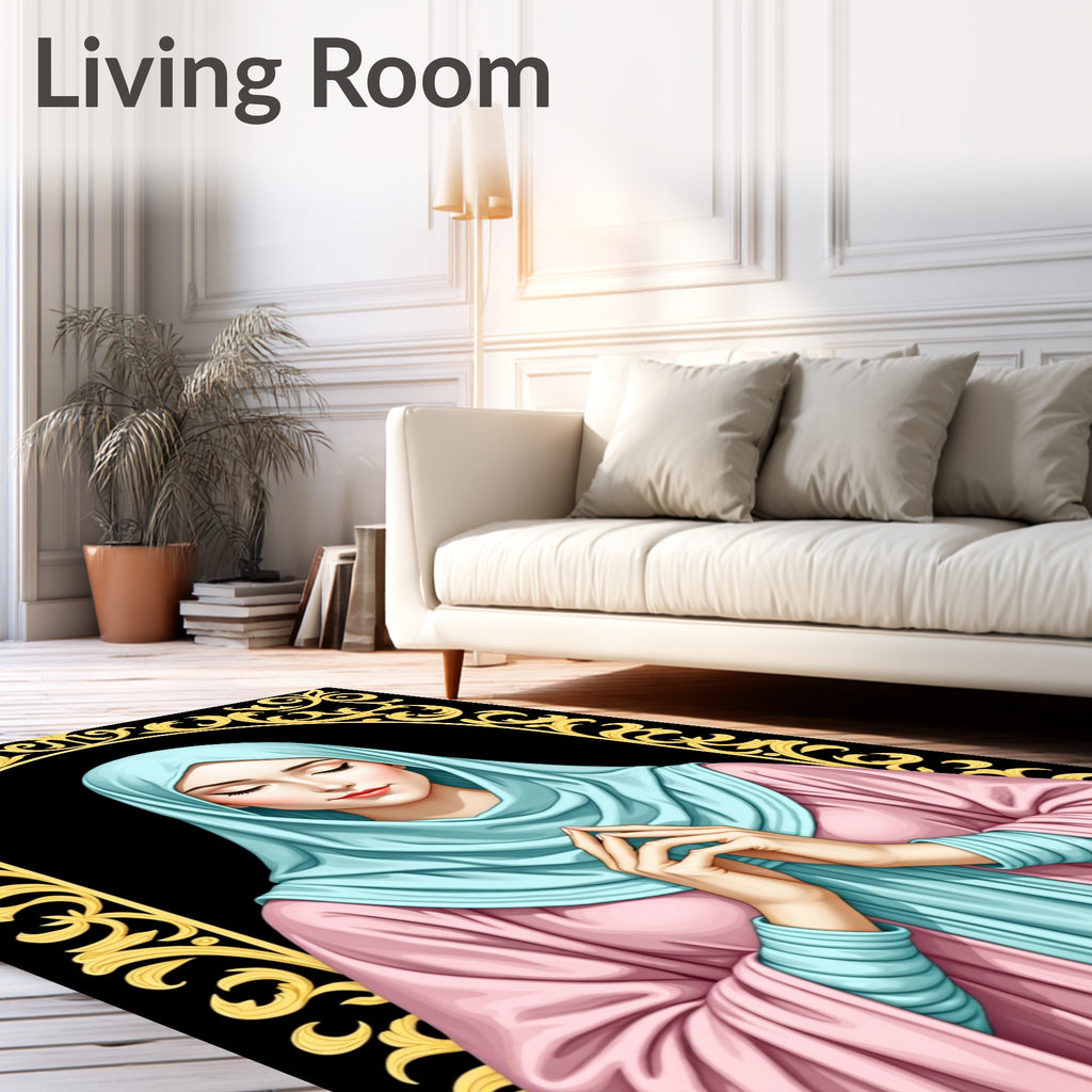 Serene Praying Woman Teal Pink Gold Arch Rug