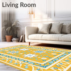 Golden Yellow Blue Starburst Floral Rug