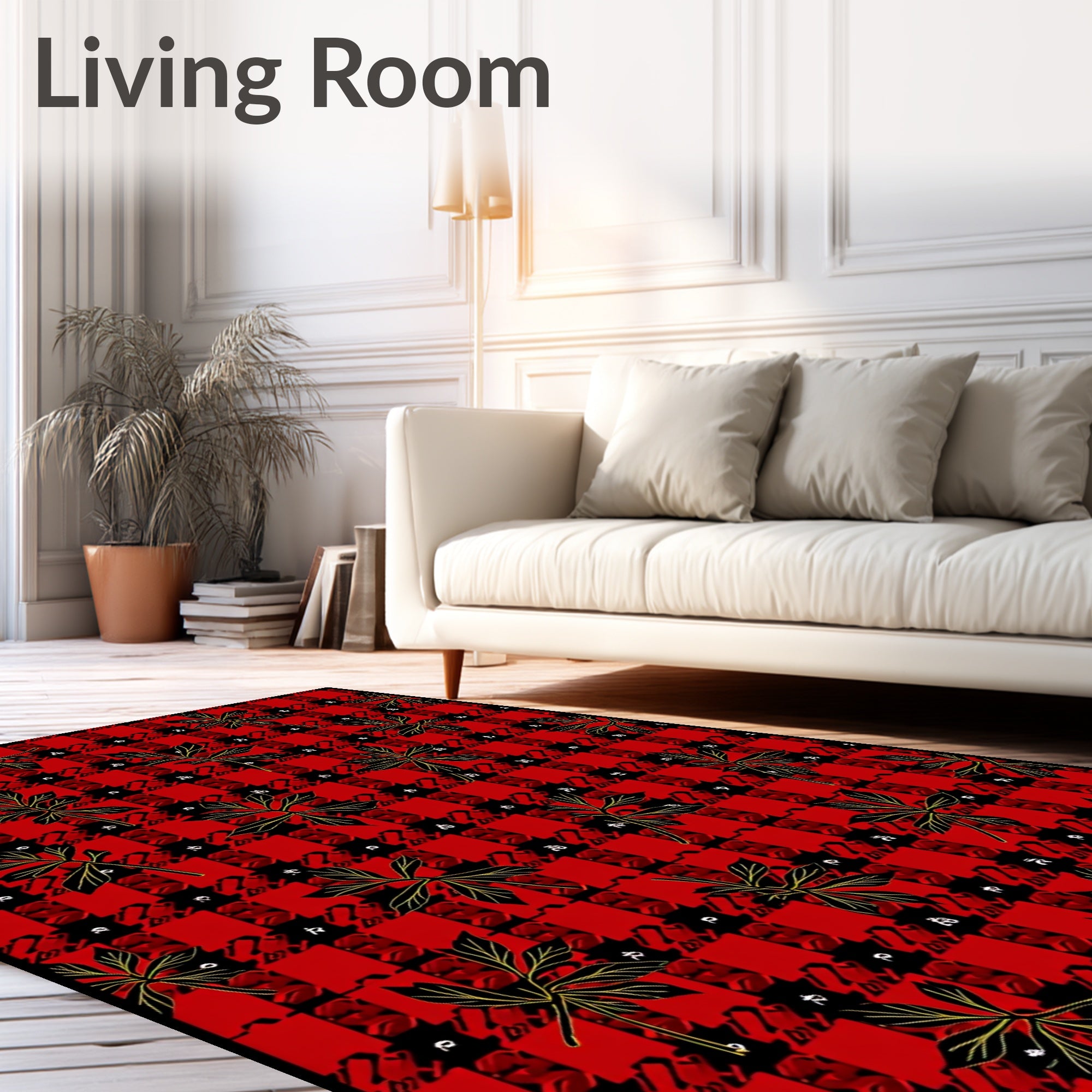 Red Black Houndstooth Leaf Cluster Rug