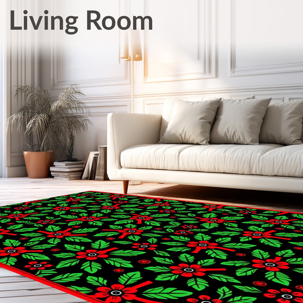 Red Green Floral Leaf Arrangement Rug