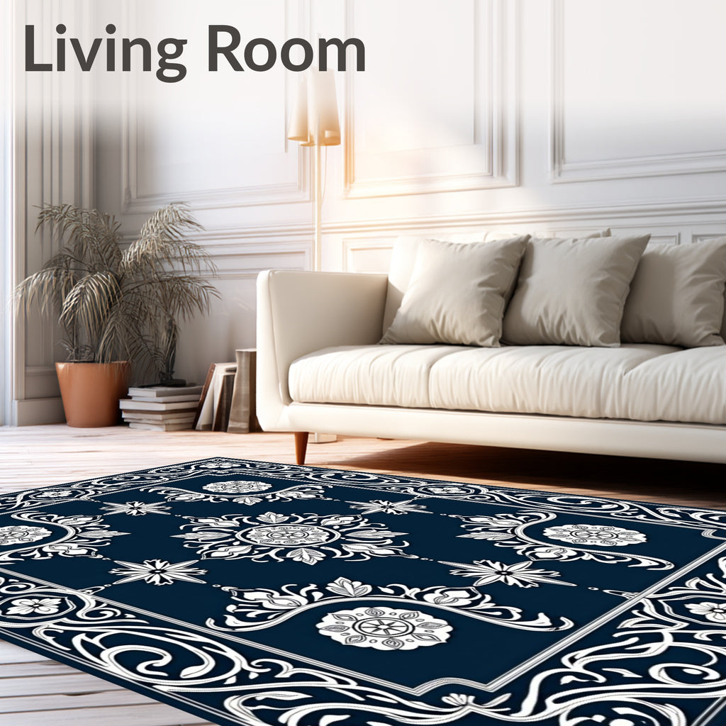 Deep Blue Ornamental Floral Medallion Rug
