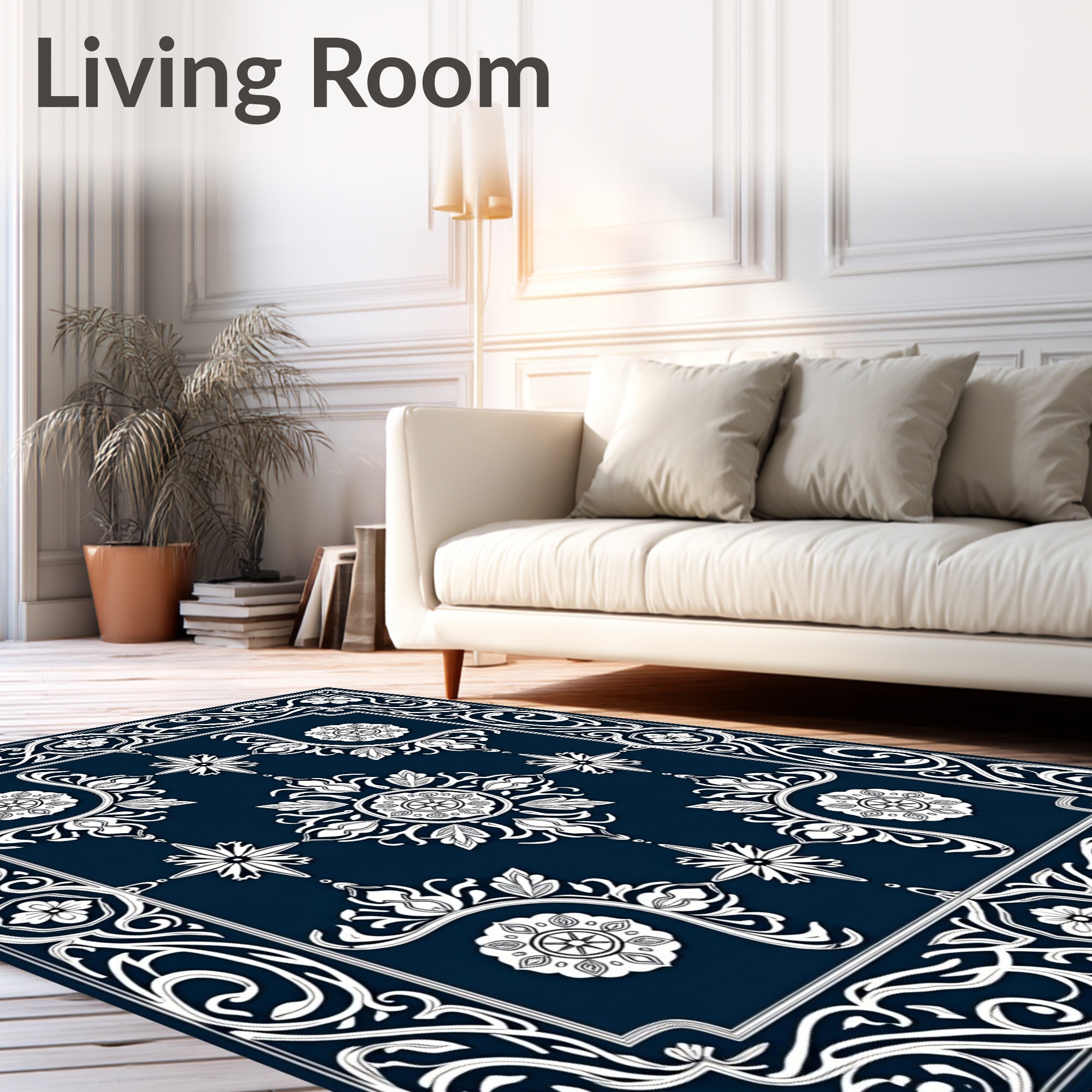 Deep Blue Ornamental Floral Medallion Rug