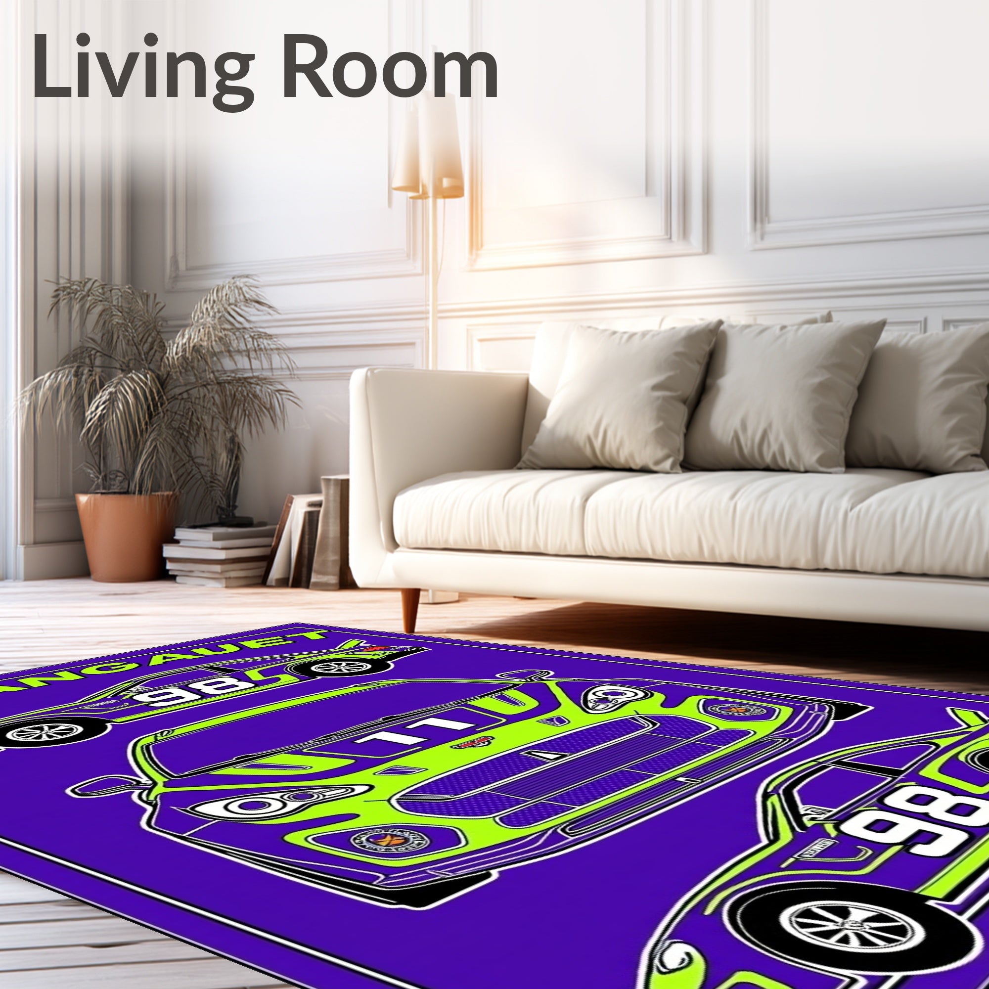 Purple and Lime Race Cars Collection Rug