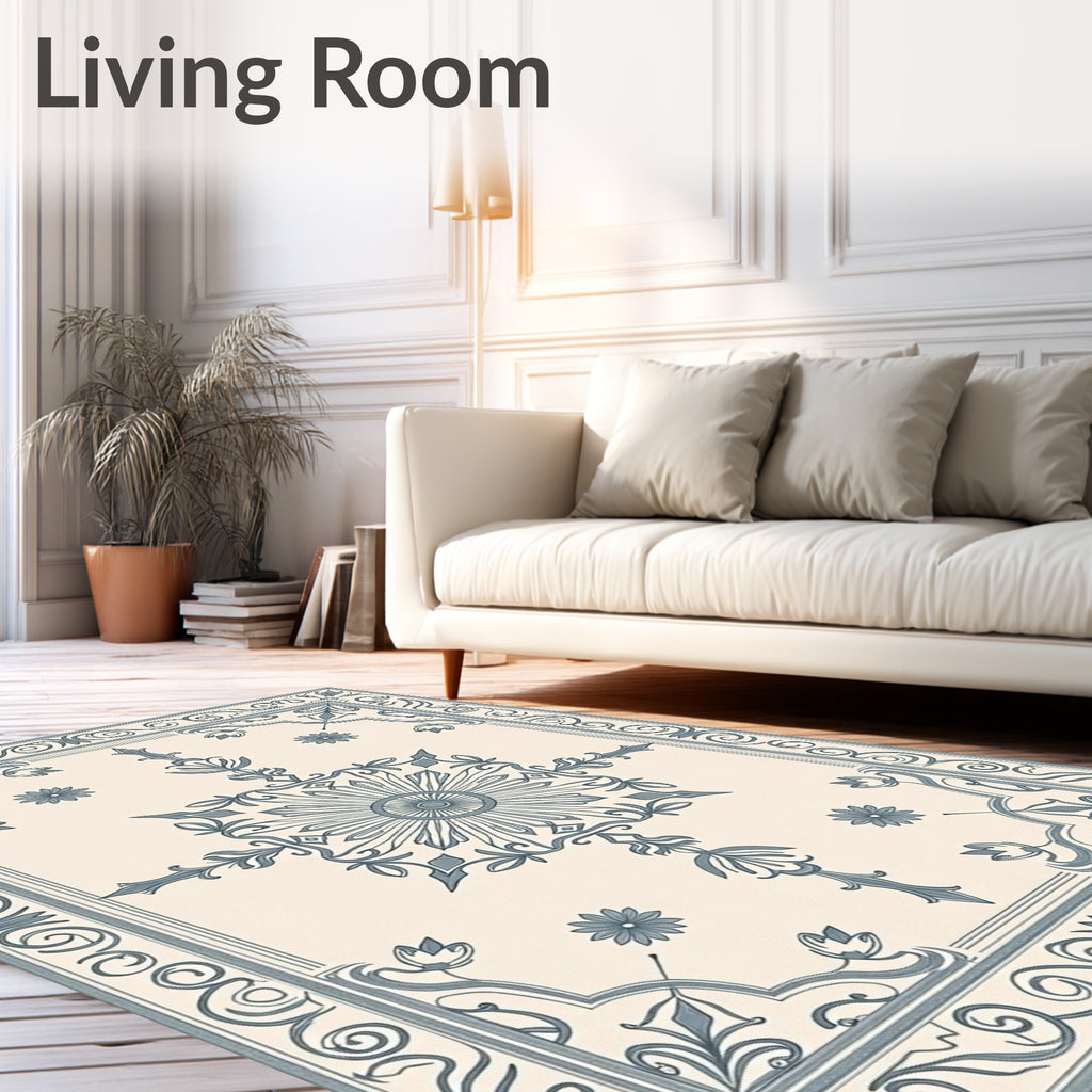Cream Teal Floral Sunburst Medallion Rug