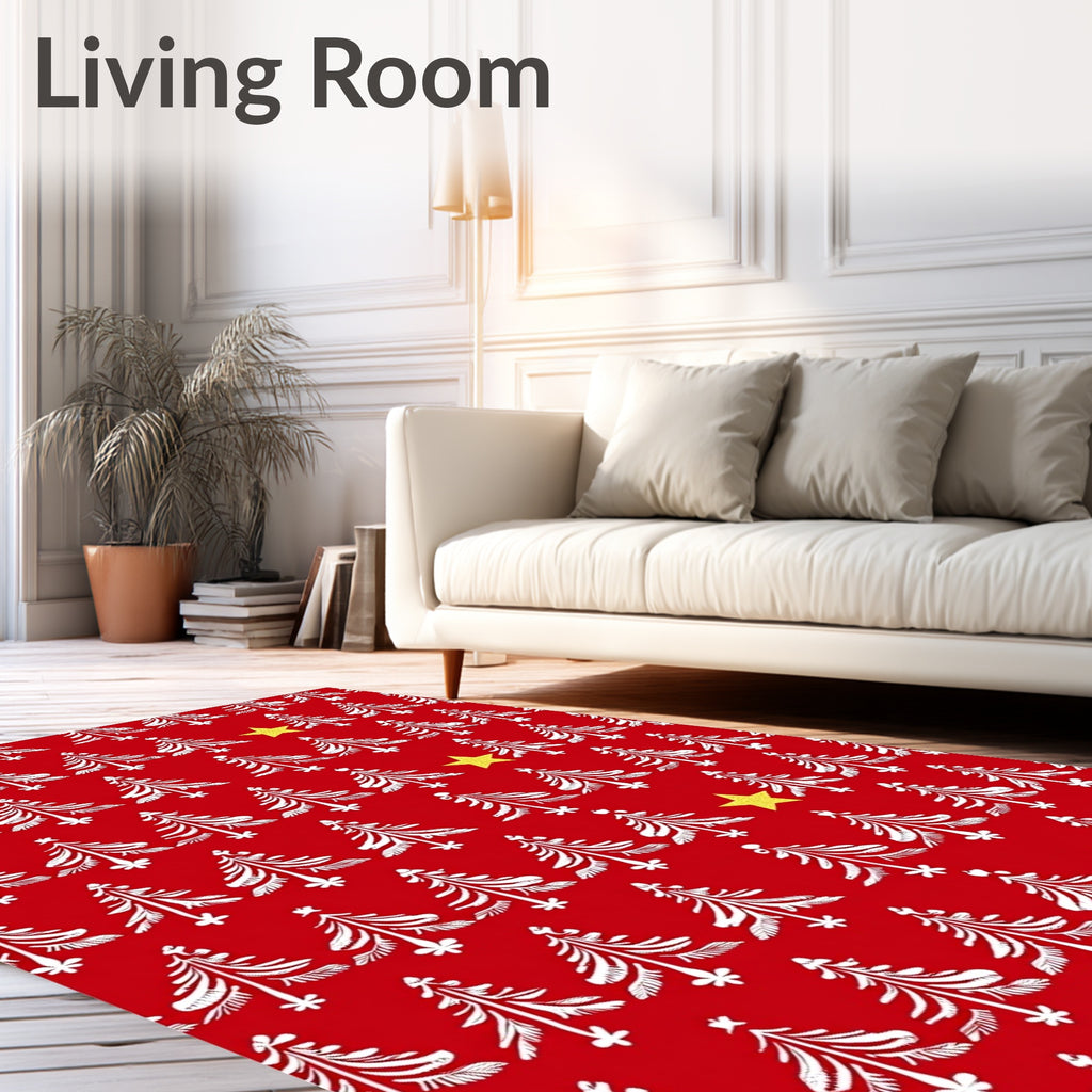 Red White Christmas Trees Yellow Stars Rug