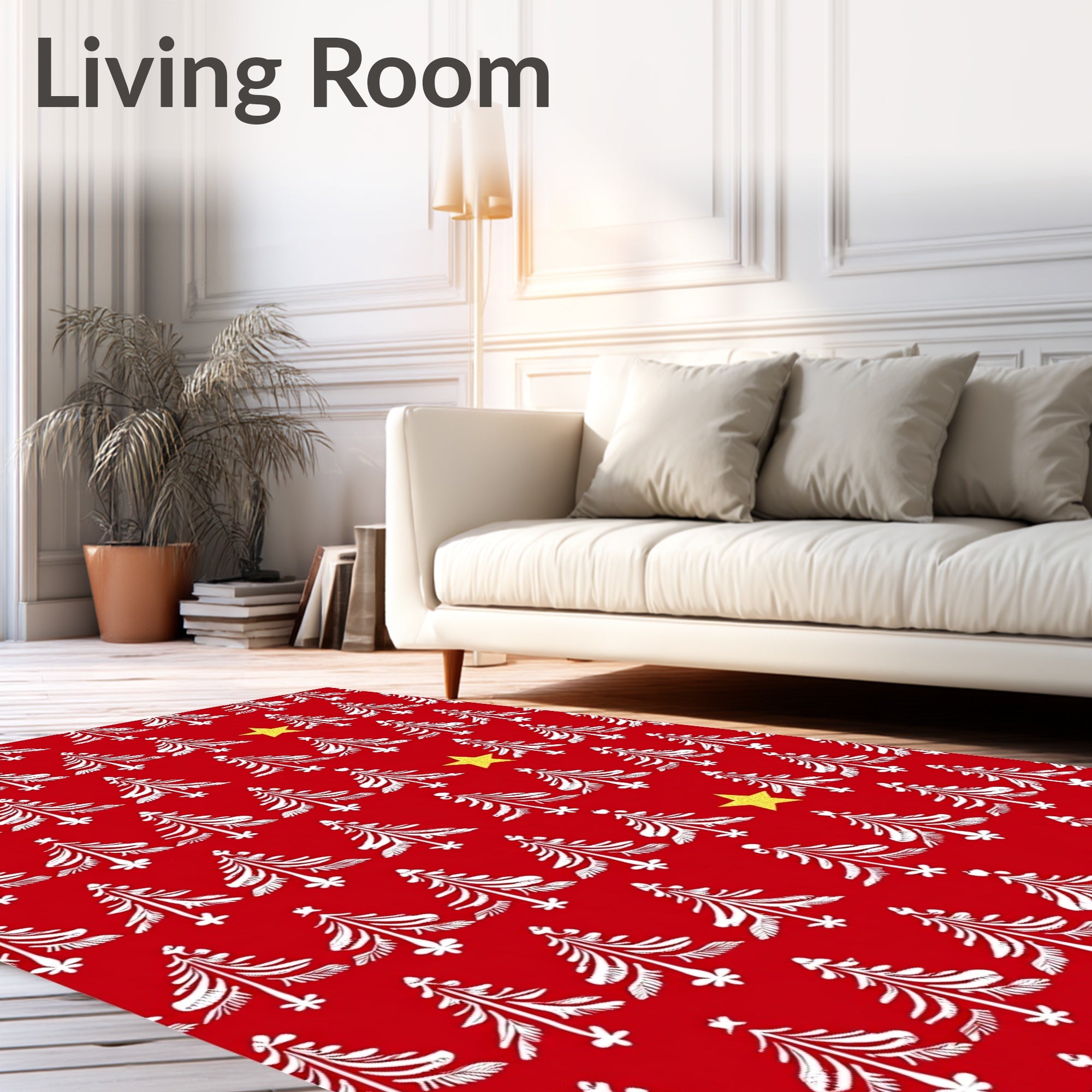 Red White Christmas Trees Yellow Stars Rug