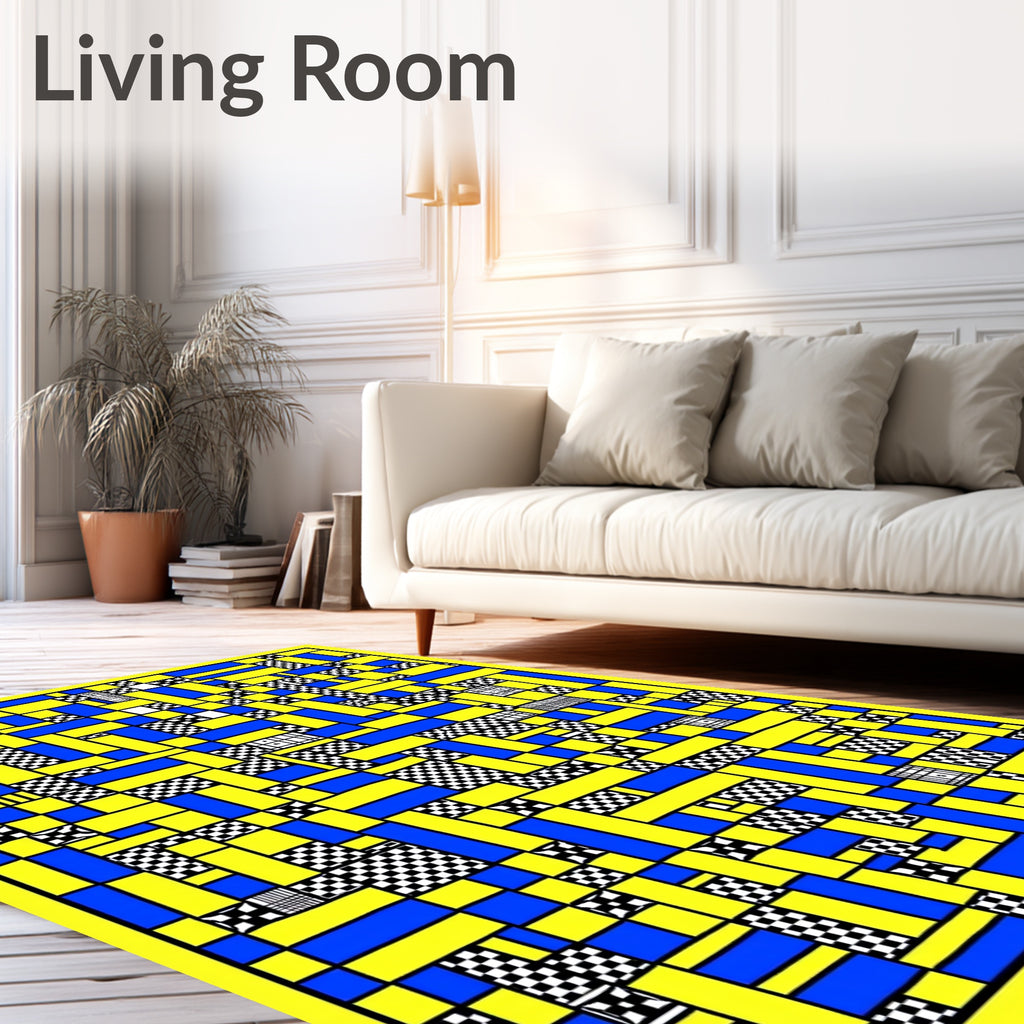 Yellow Blue Black Geometric Blocks Rug