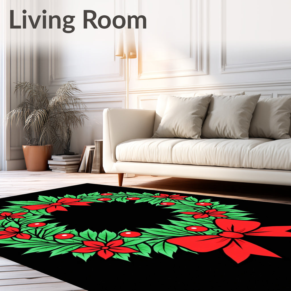Red Bow Green Leaf Festive Wreath Rug