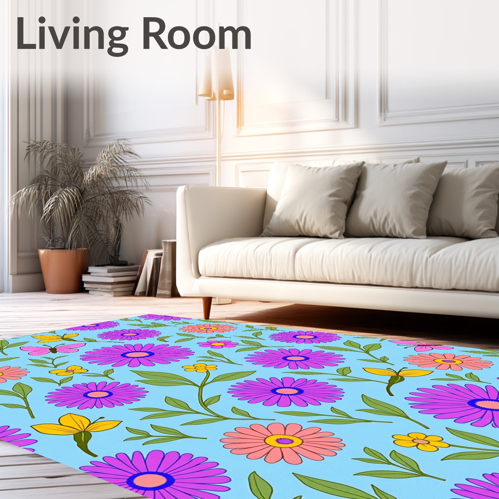 Retro Pink Yellow Purple Daisy Butterflies Rug