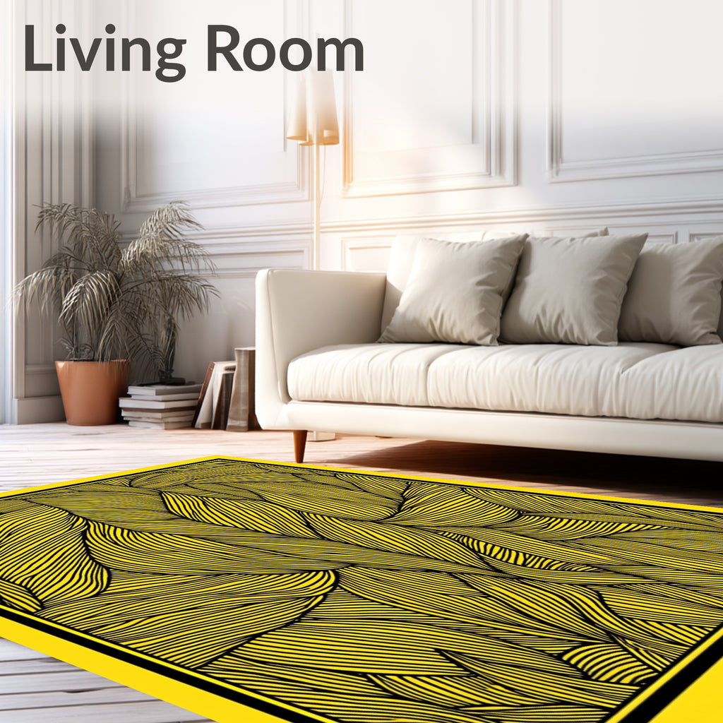 Vibrant Yellow Black Striped Foliage Rug