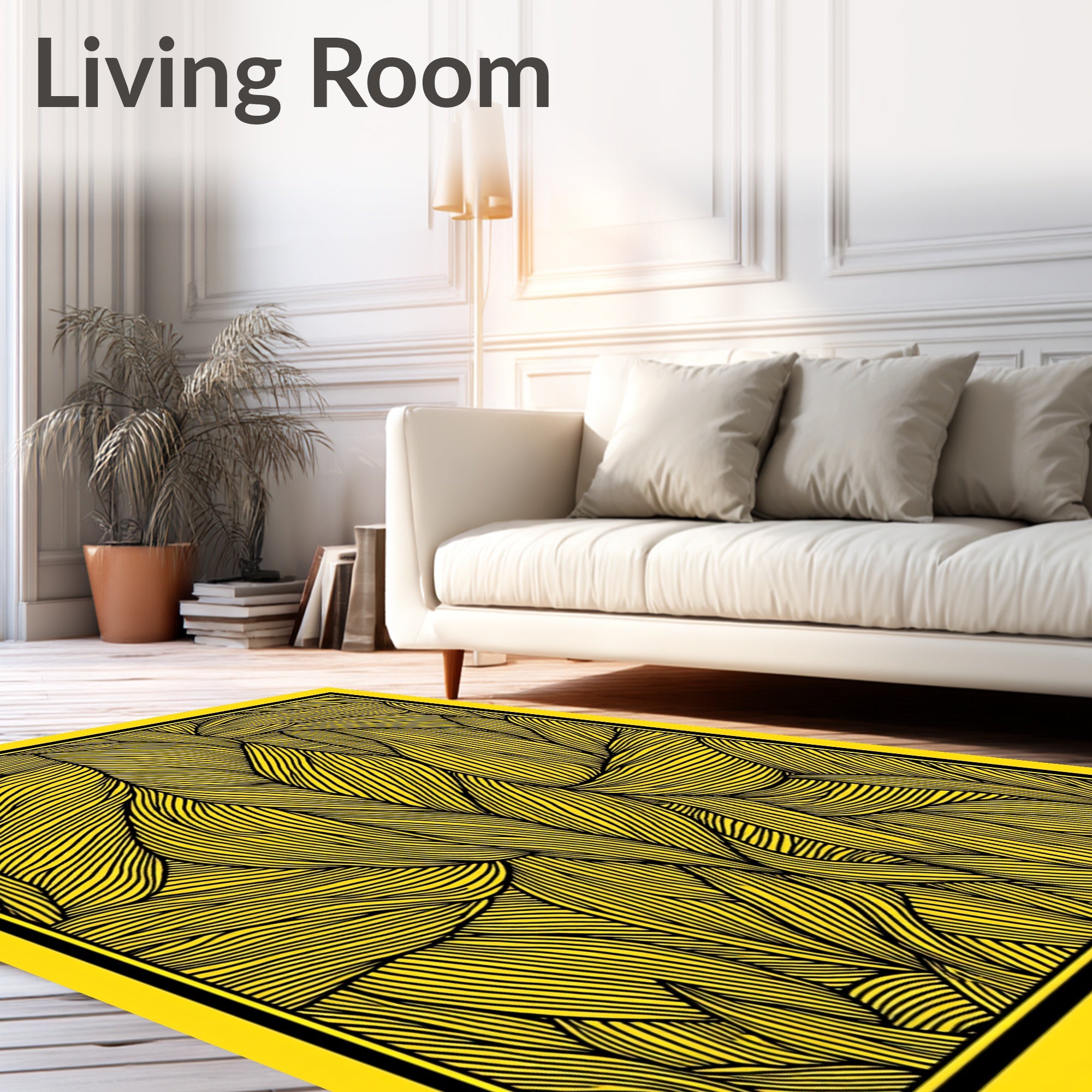 Vibrant Yellow Black Striped Foliage Rug