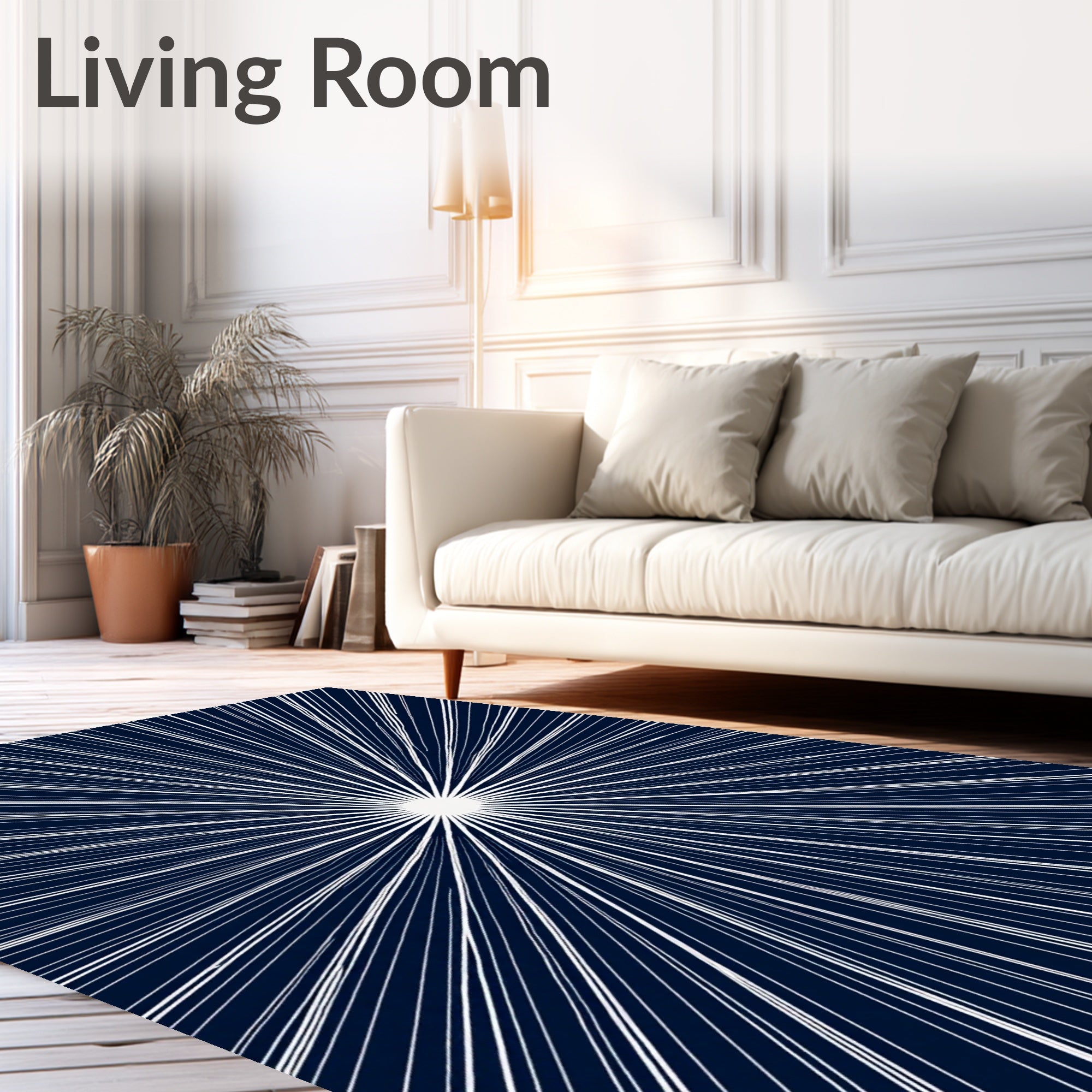 Radiant White Lines Deep Blue Abstract Rug