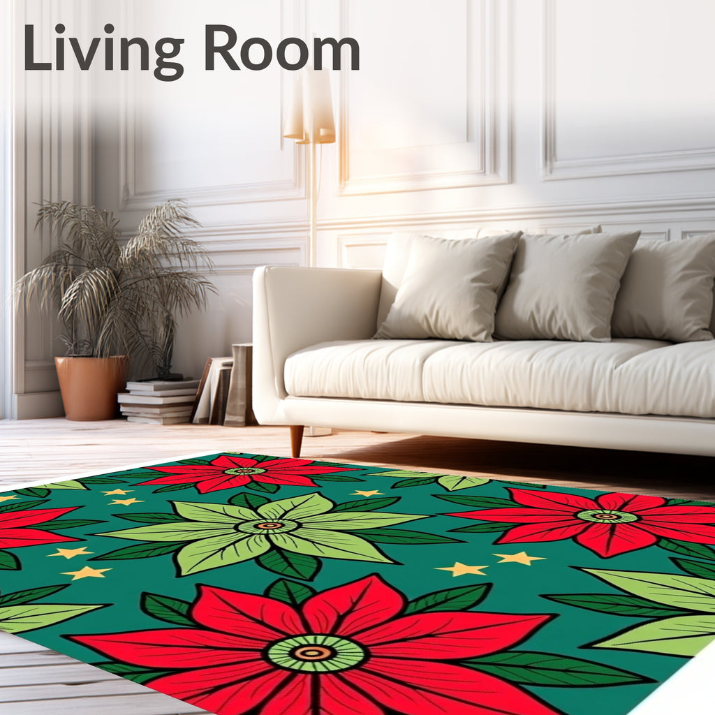 Red Green Poinsettia Star Background Rug