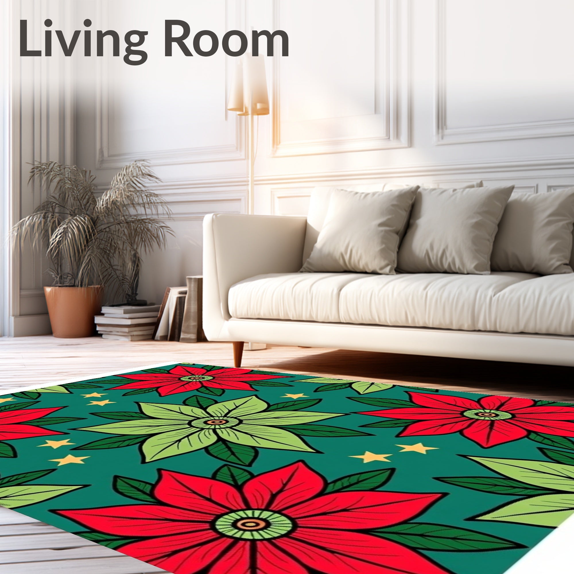 Red Green Poinsettia Star Background Rug