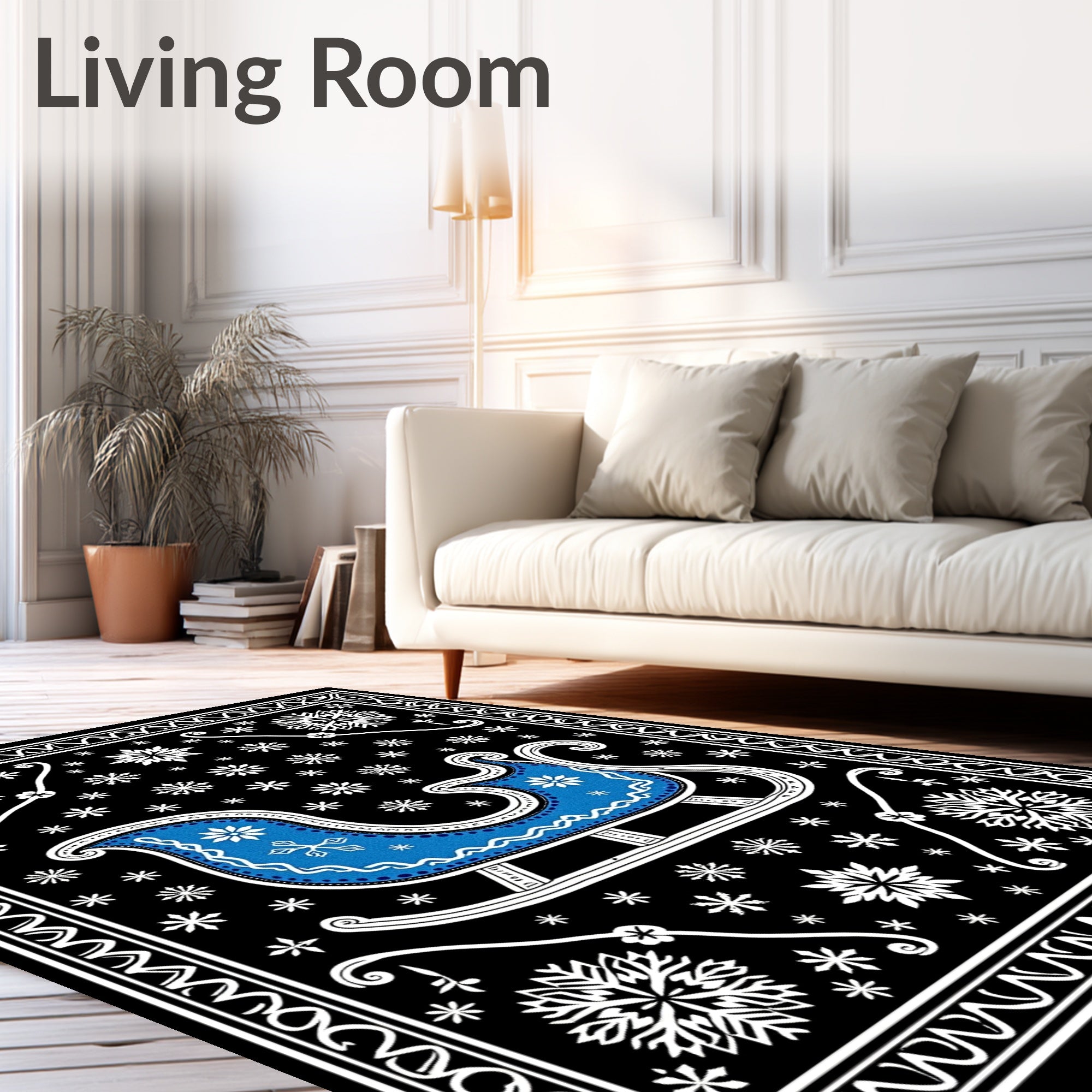Winter Sleigh Snowflakes Black Rug