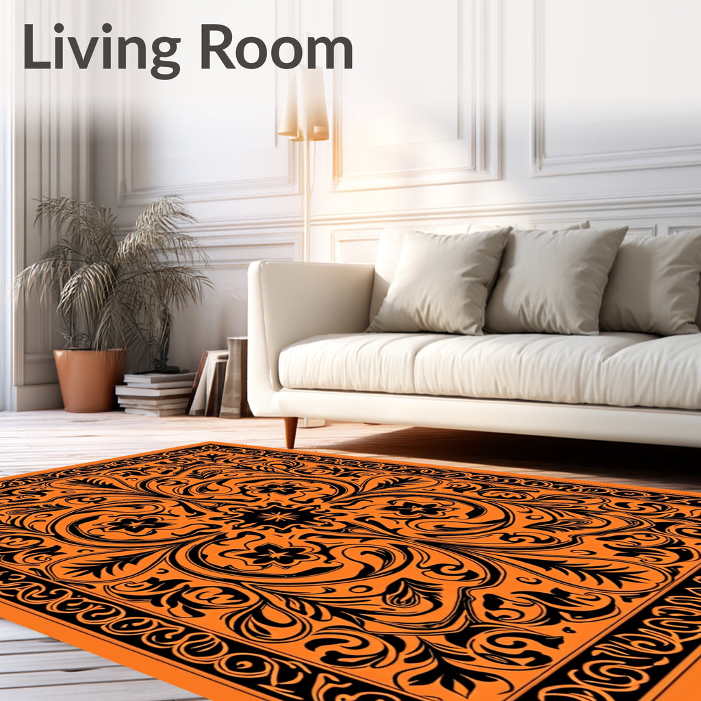 Bold Orange Black Floral Scroll Rug