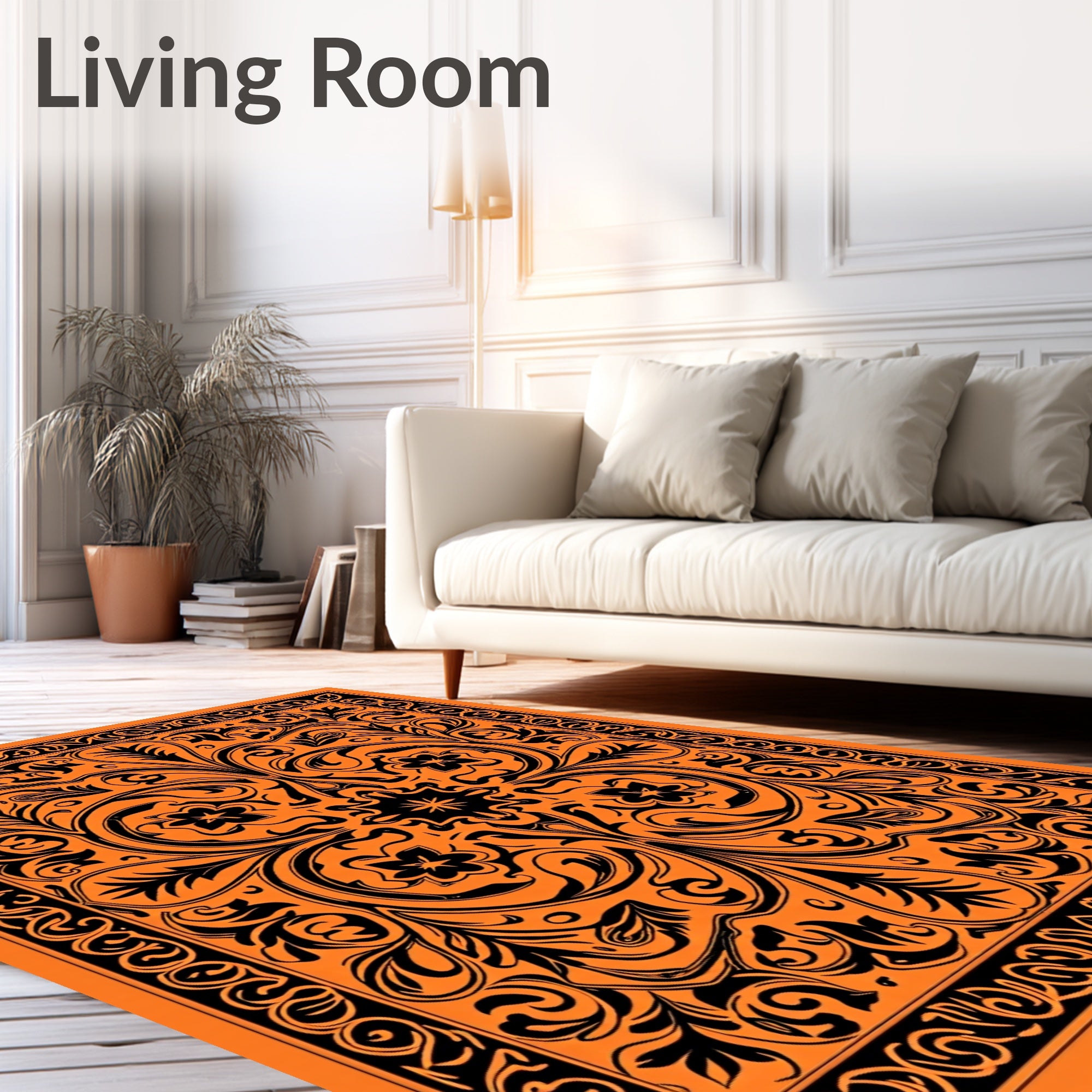 Bold Orange Black Floral Scroll Rug