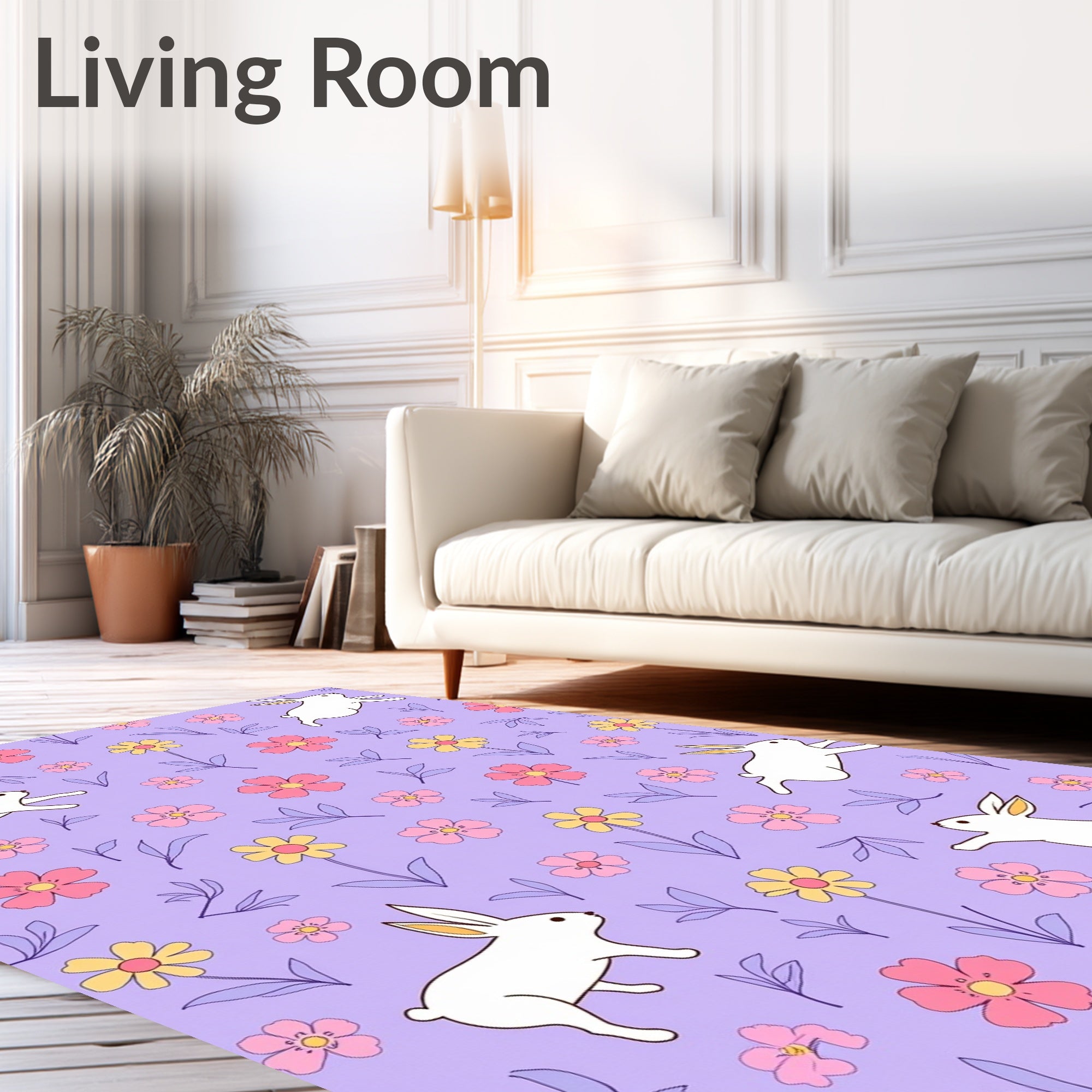 Springtime White Bunny Floral Meadow Rug
