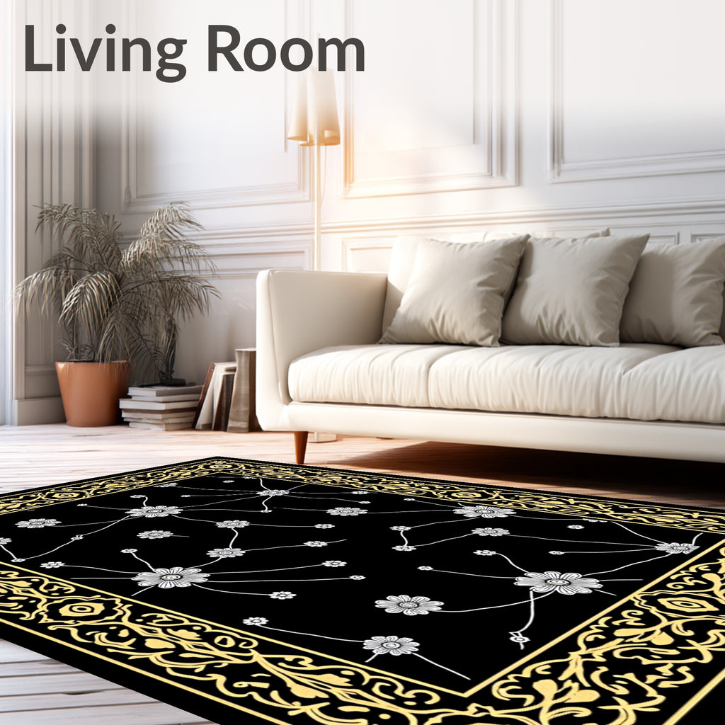 Black Golden Floral Vines Medallion Rug
