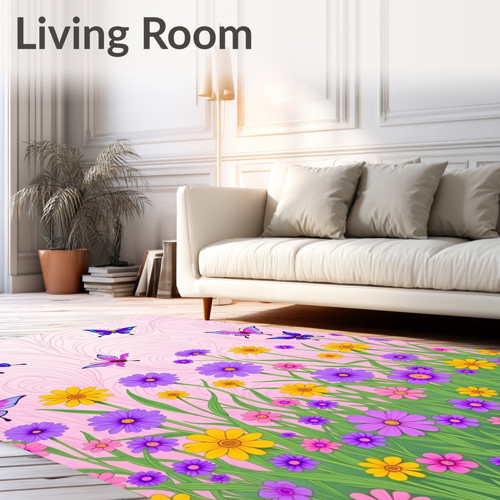 Whimsical Pink Butterfly Meadow Garden Rug