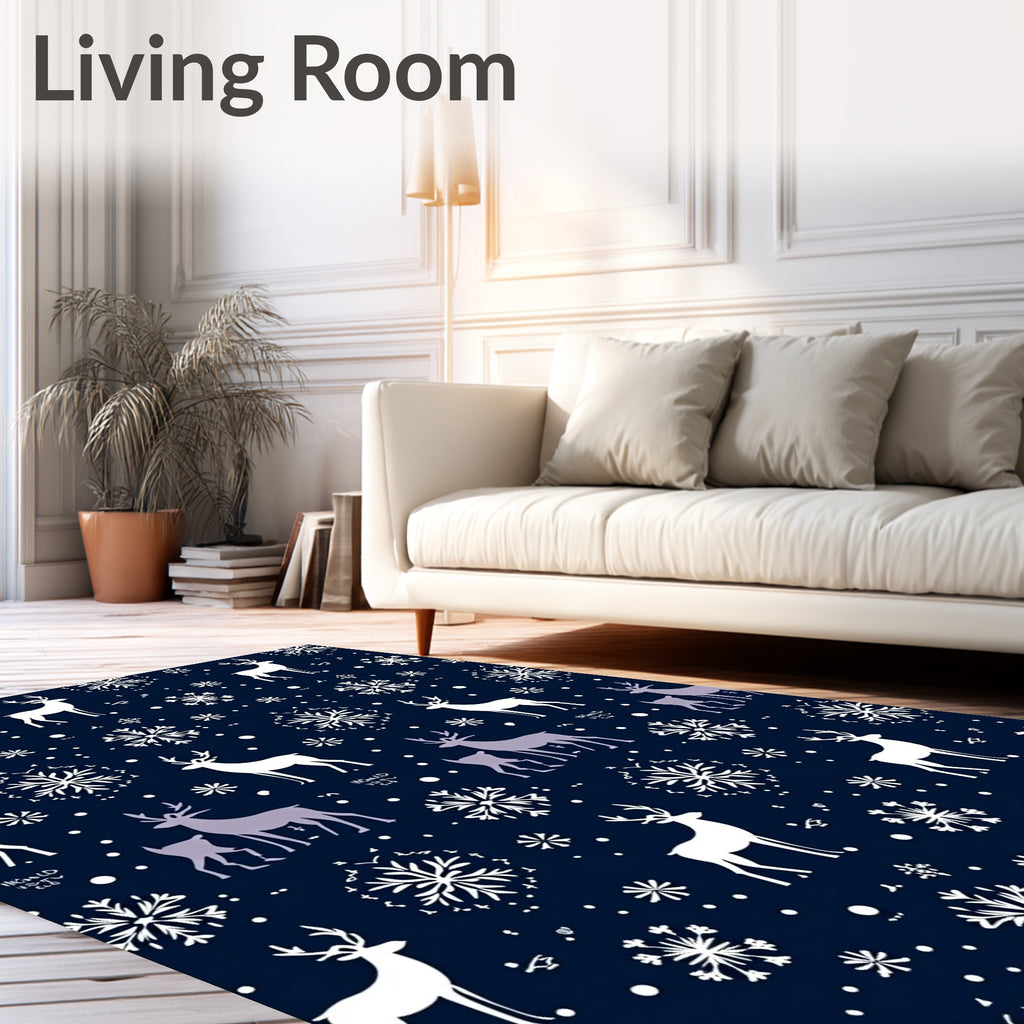 Navy White Deer Snowflakes Repeating Rug