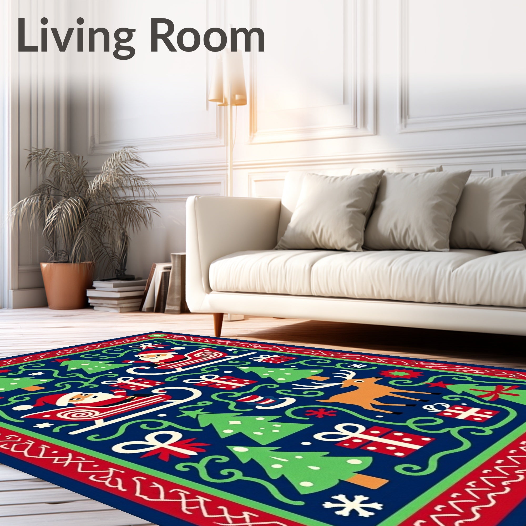 Festive Blue Santa Sleigh Deer Trees Rug