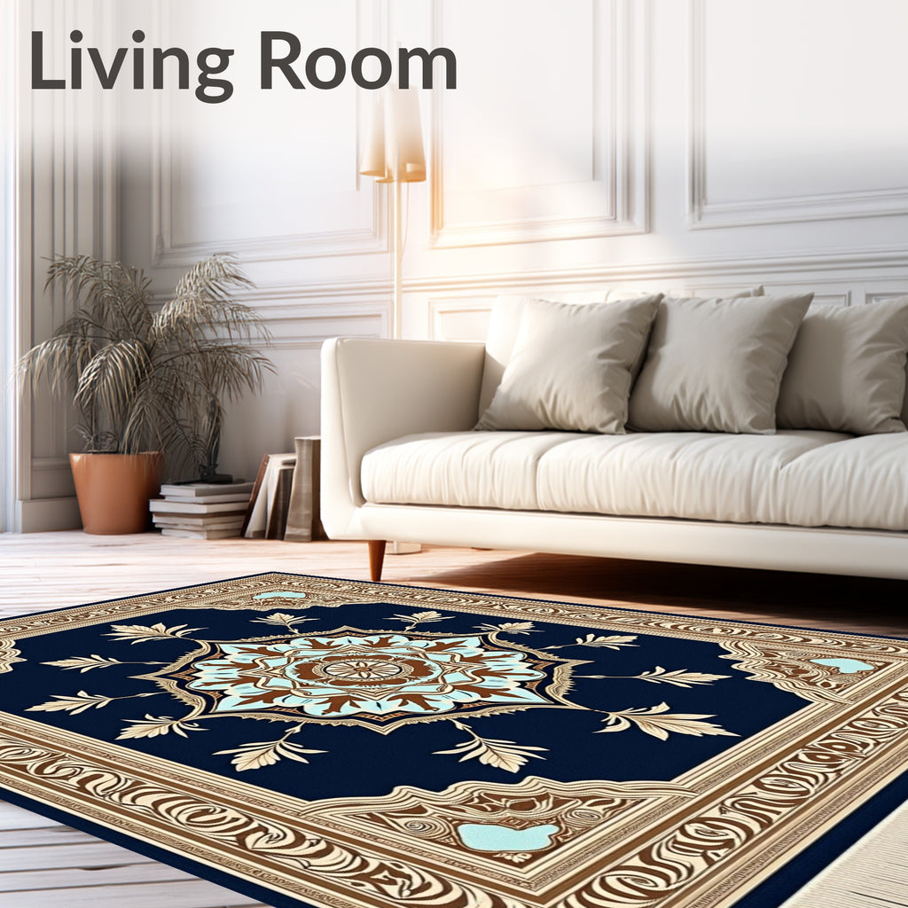 Classic Blue Brown Medallion Arabesque Rug