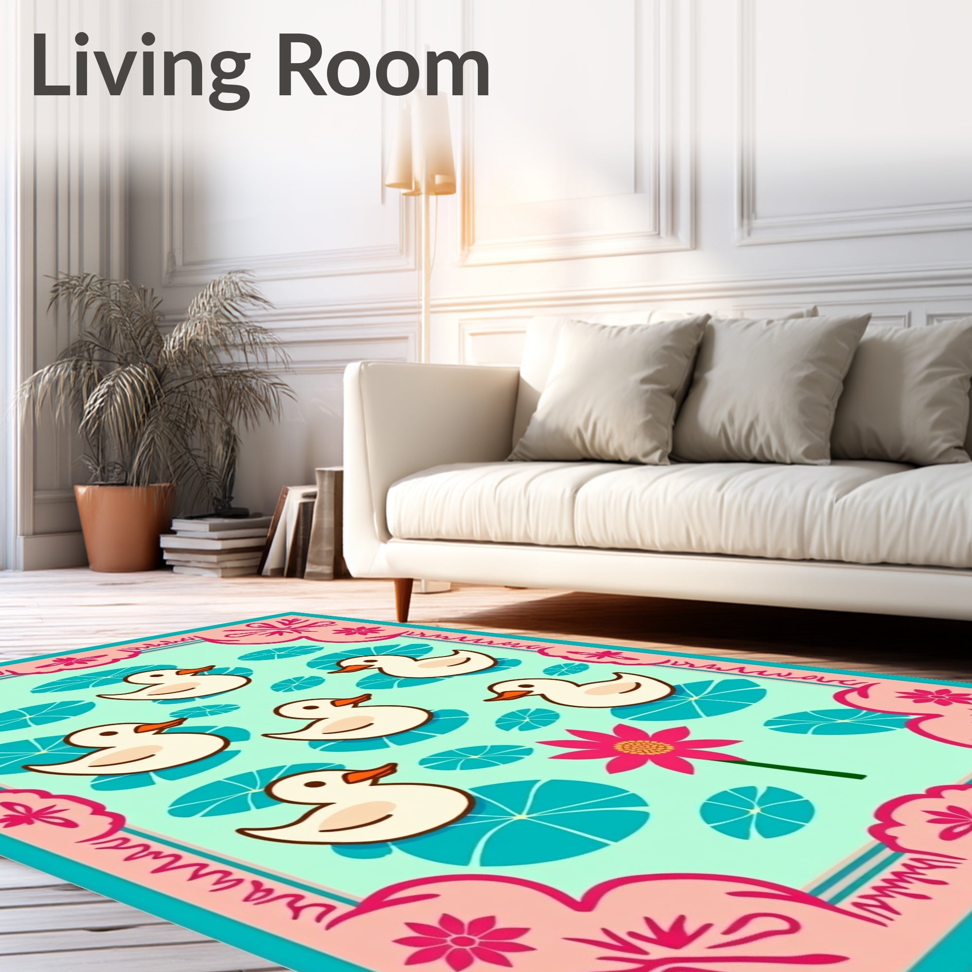 Quirky Ducklings Teal Lotus Pond Rug