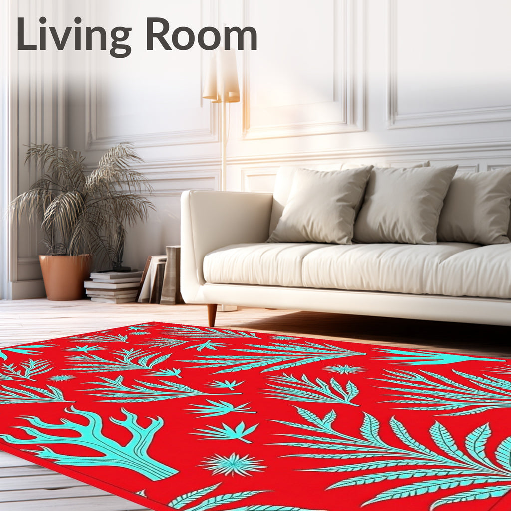 Crimson Aqua Tropical Foliage Rug
