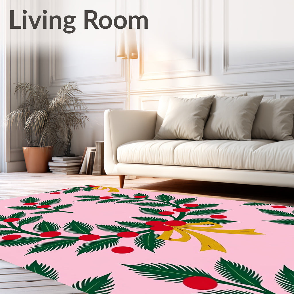 Pink Holly Berry Bow Wreath Rug