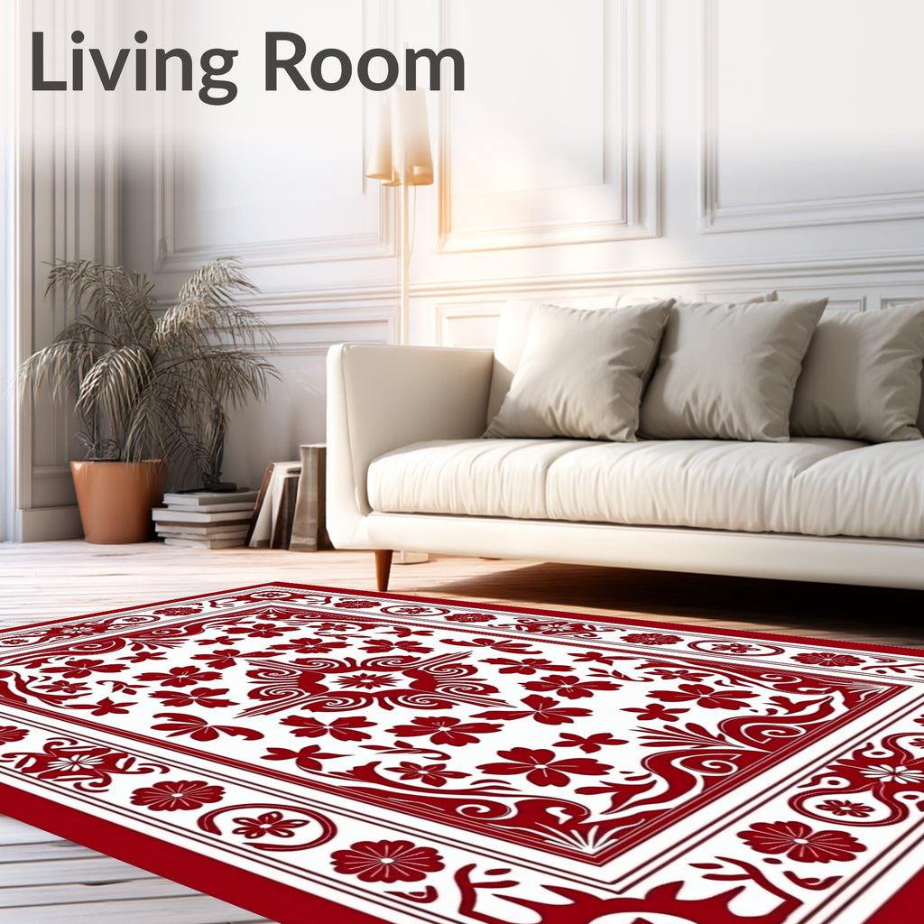 Crimson White Floral Border Medallion Rug