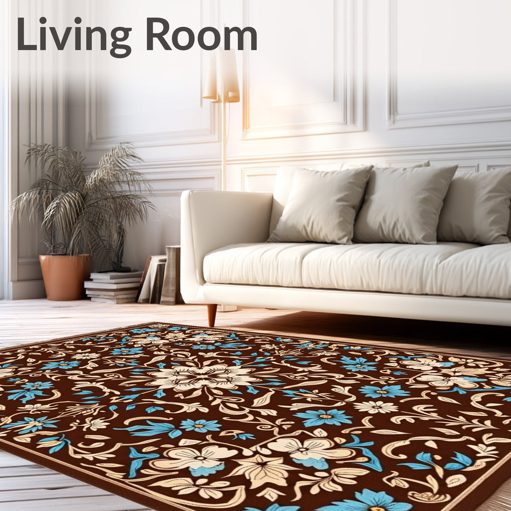 Brown Cream Blue Floral Medallion Rug