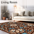 Brown Cream Blue Floral Medallion Rug