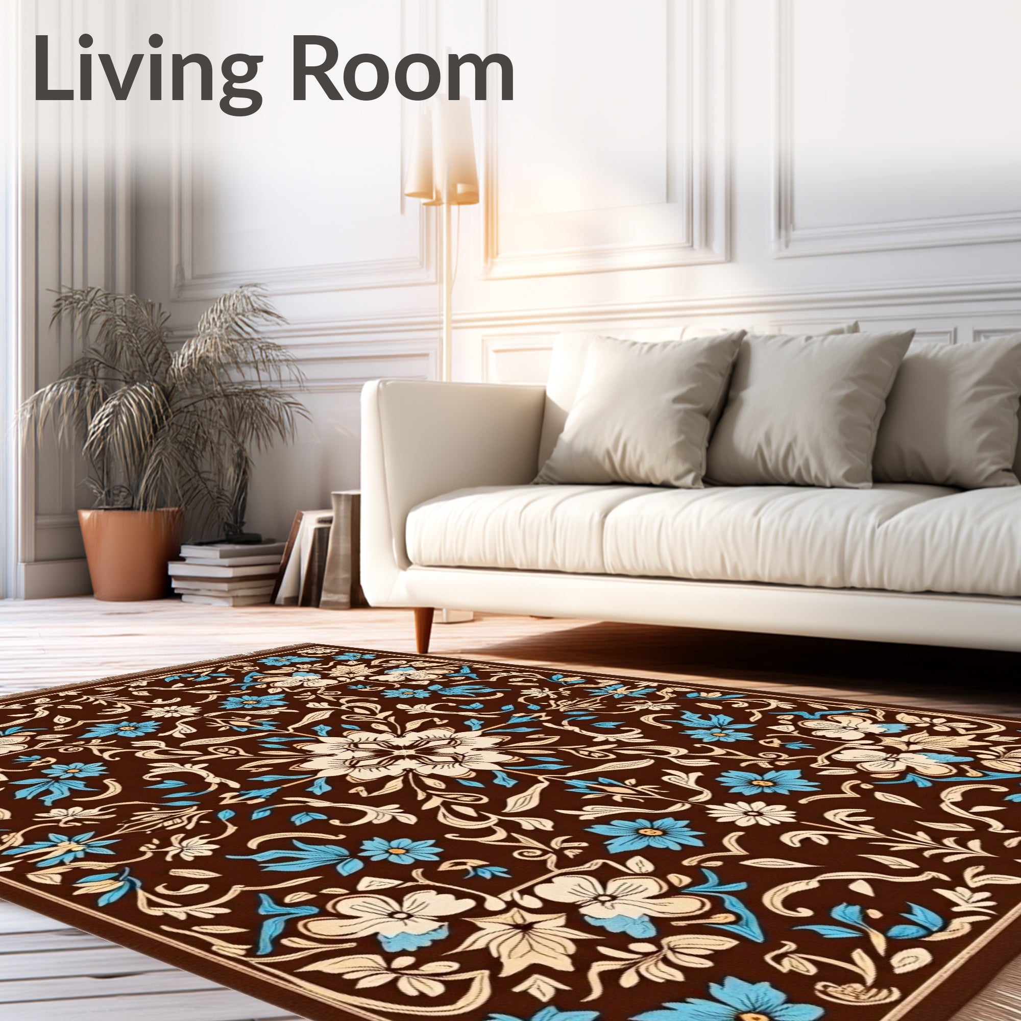 Brown Cream Blue Floral Medallion Rug