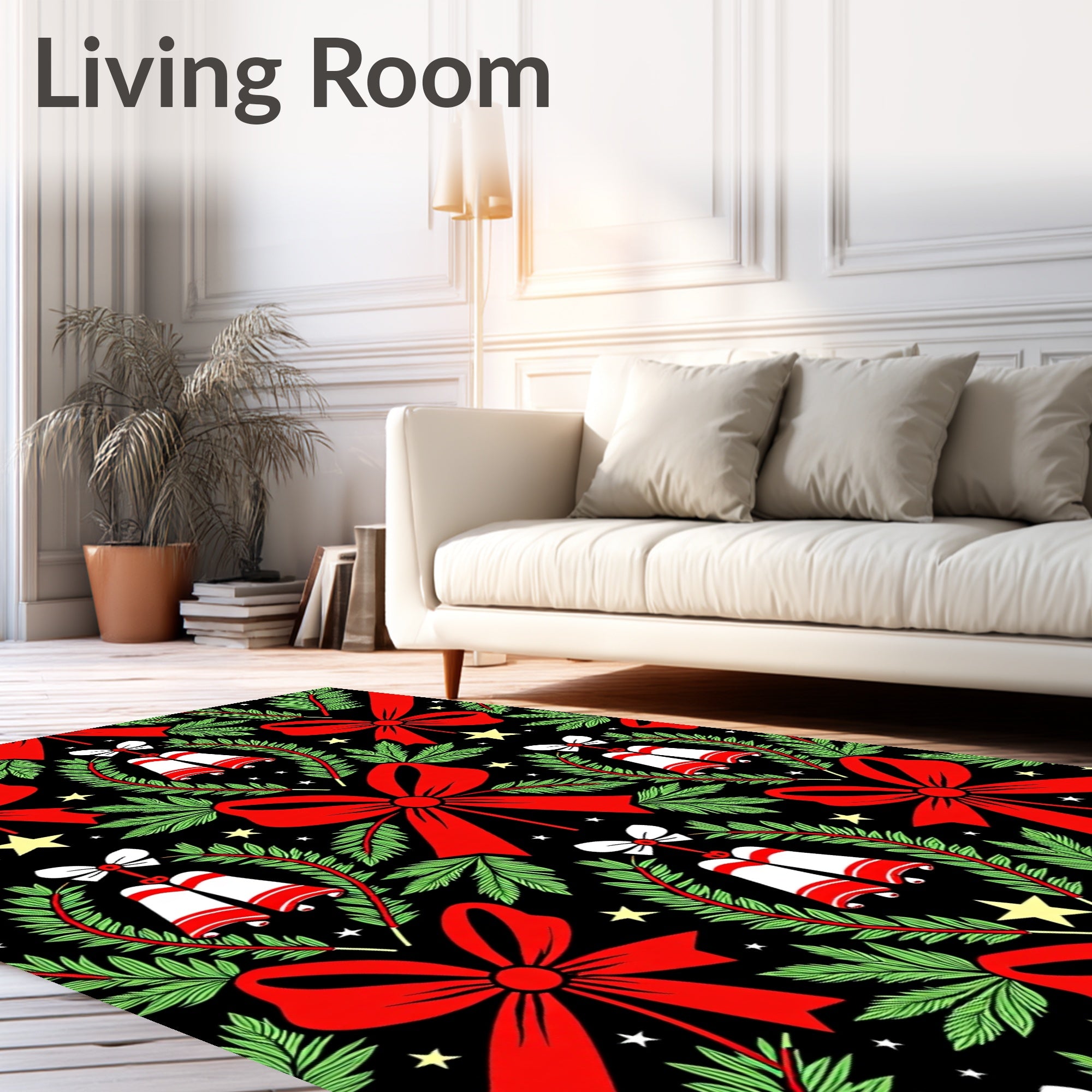 Festive Red Bows Green Wreath Bells Rug