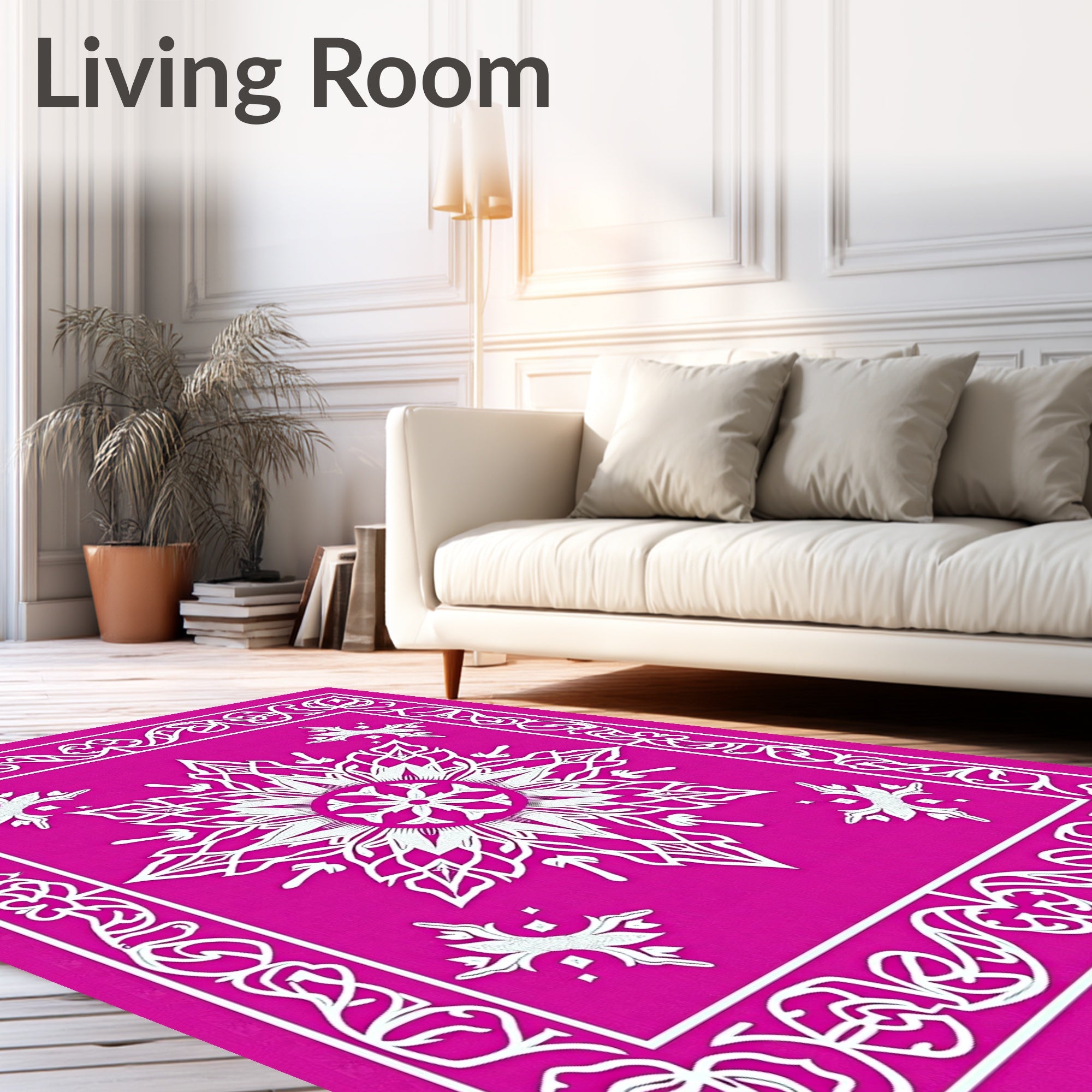 Fuchsia White Floral Medallion Border Rug
