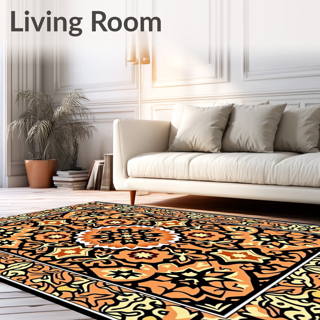 Orange Black Floral Medallion Rug
