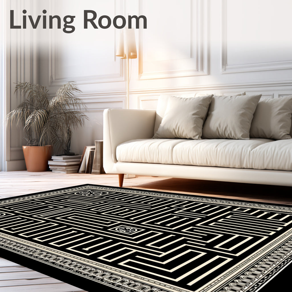Cream and Black Maze Contemporary Border Rug
