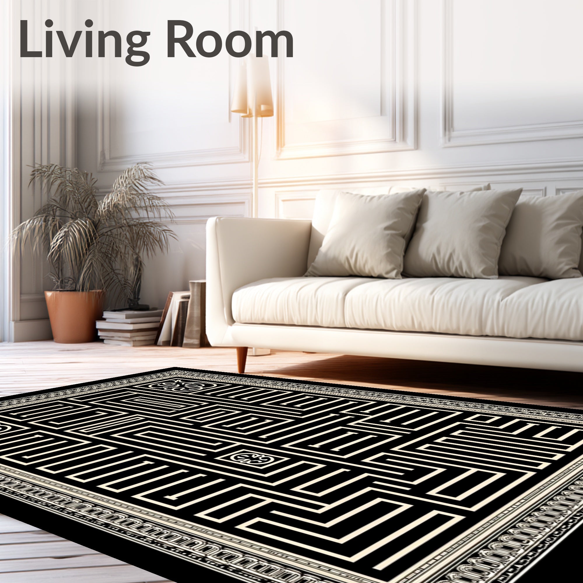 Cream and Black Maze Contemporary Border Rug