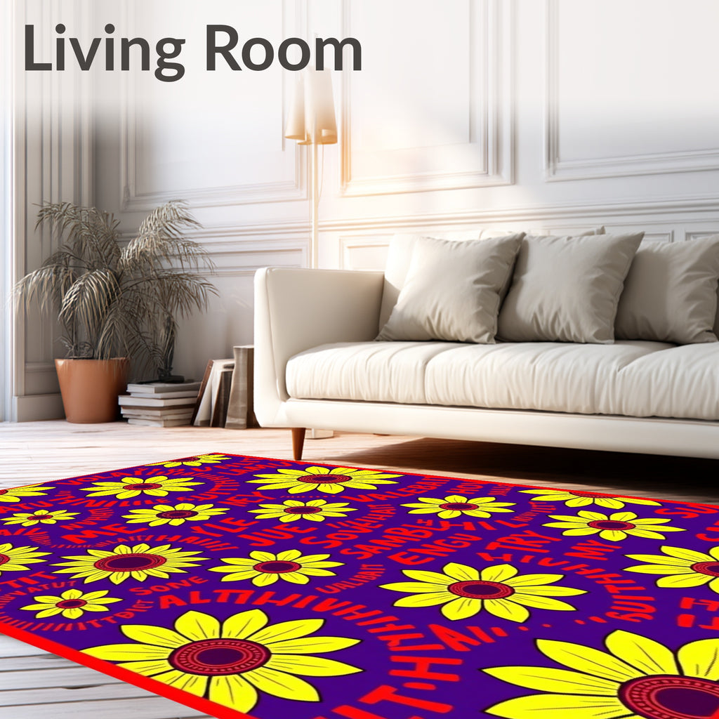Vibrant Yellow Floral Crimson Text Rug