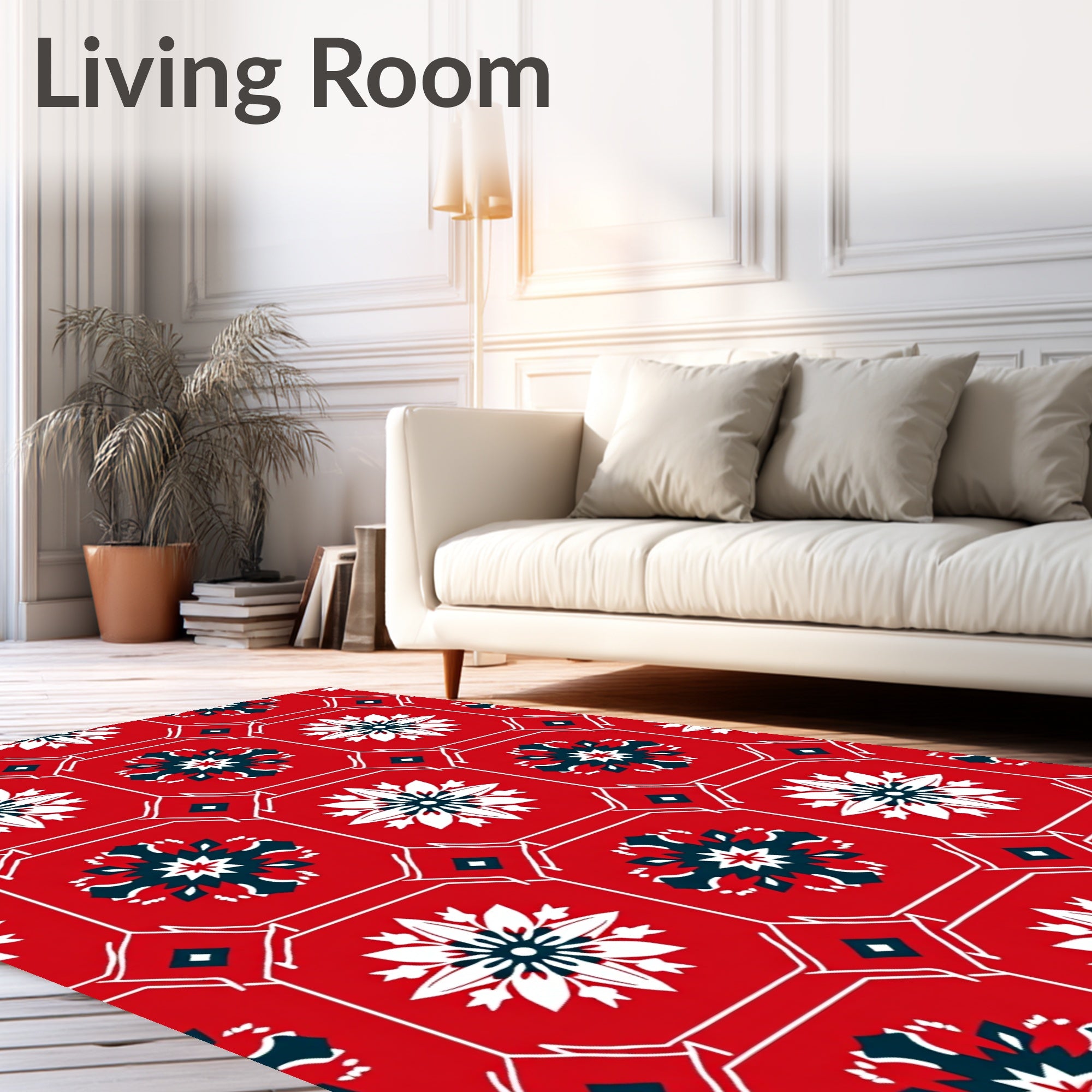 Red White Floral Medallion Geometric Rug