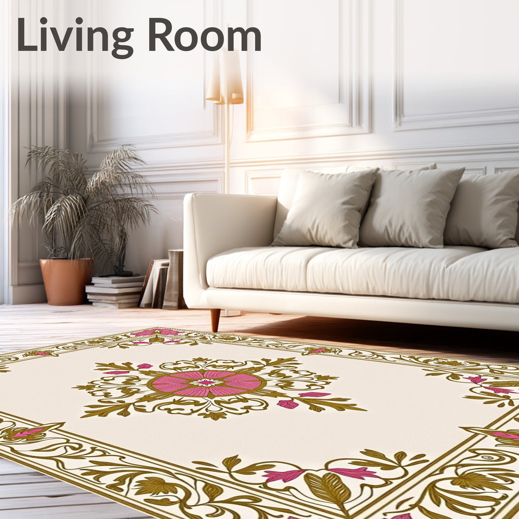 Ornate Pink Floral Gold Scroll Border Rug